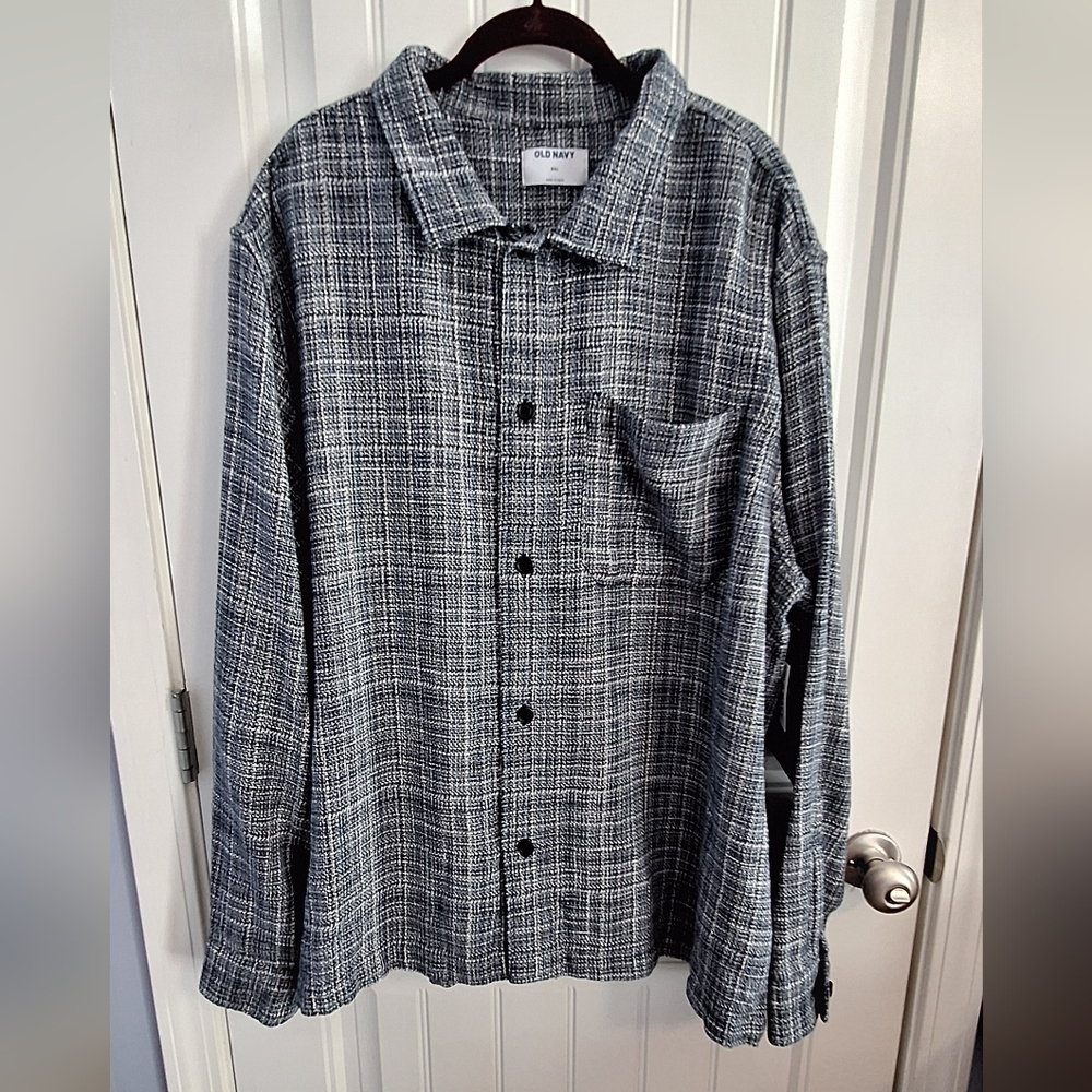 Old Navy Mens Blue and White Woven Tweed  Button Up Shacket Size 2XL Camp Collar